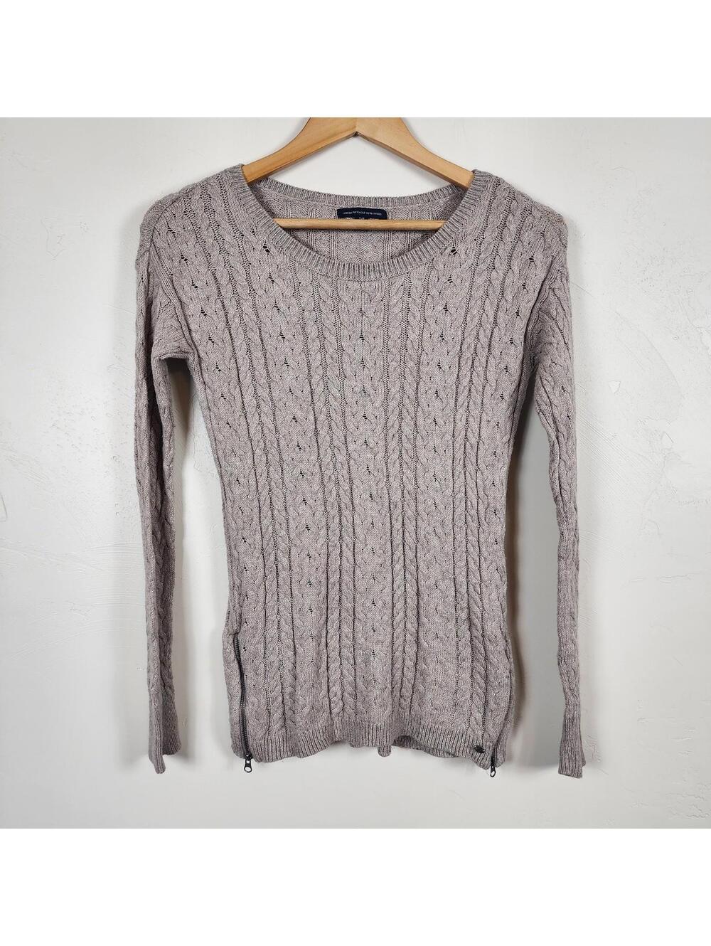 American Eagle Grey Cable Knit Sweater Womens Small Scoop Neck Academia Preppy